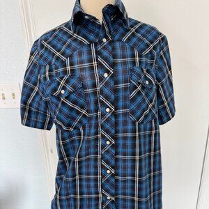 Wrangler Blue Plaid Western Shirt Pearl Snap Short Sleeve Medium